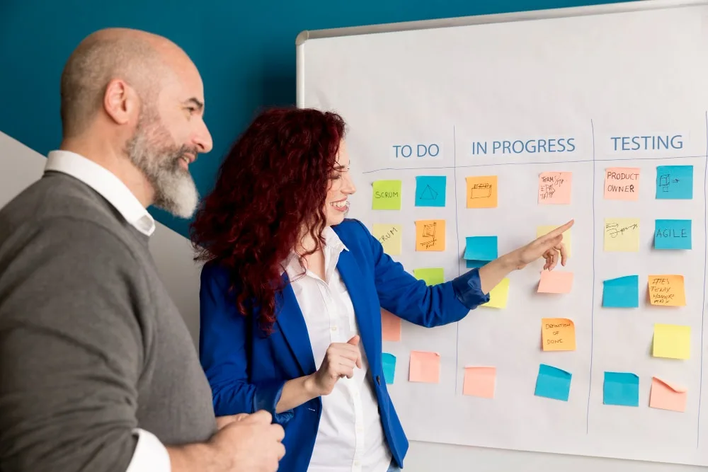 Équipe en réunion autour d’un tableau de gestion de projet avec post-it, planning et ordinateur portable