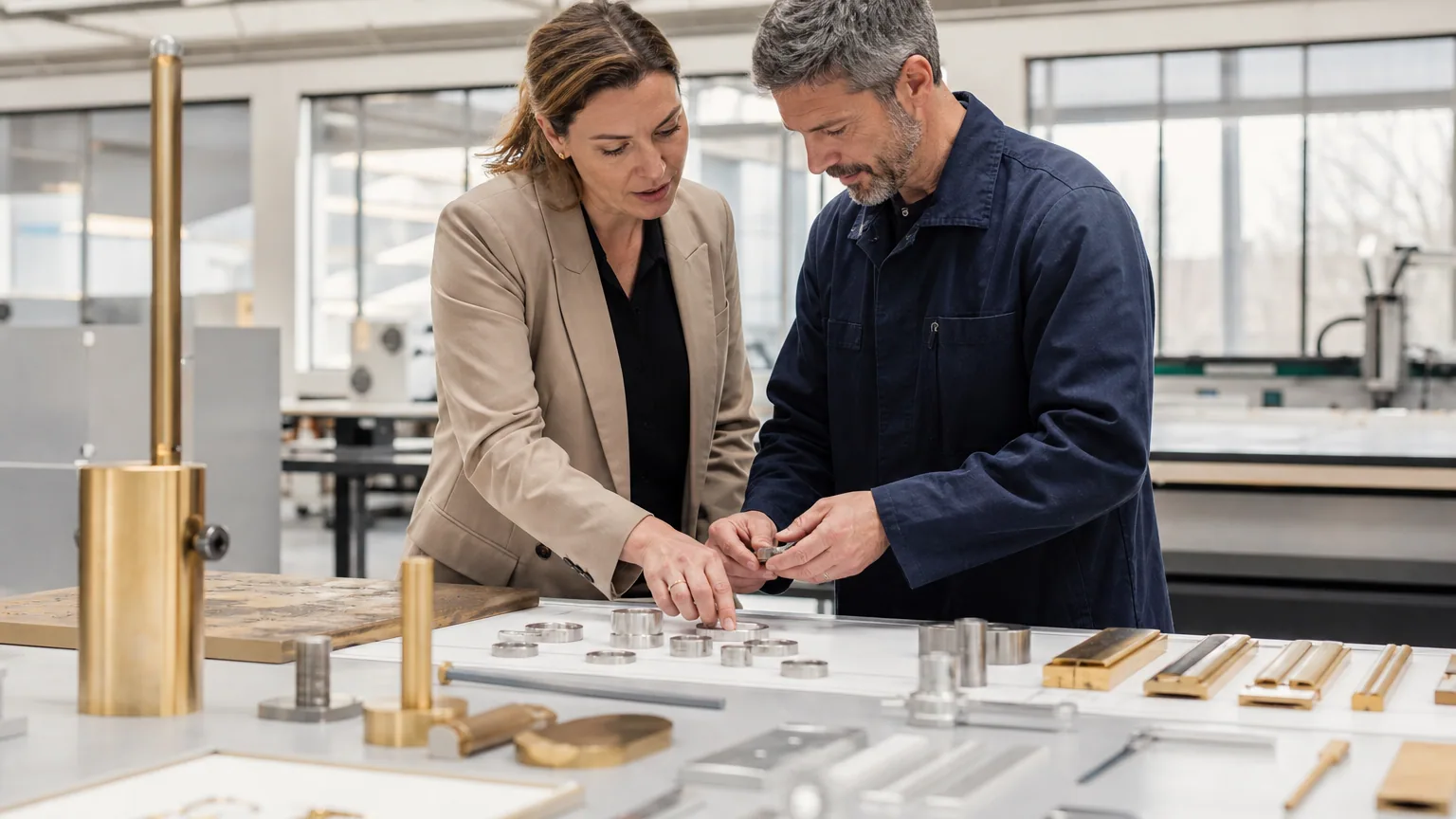 Entrepreneuse et responsable qualité contrôlant des produits sur une table d’inspection.
