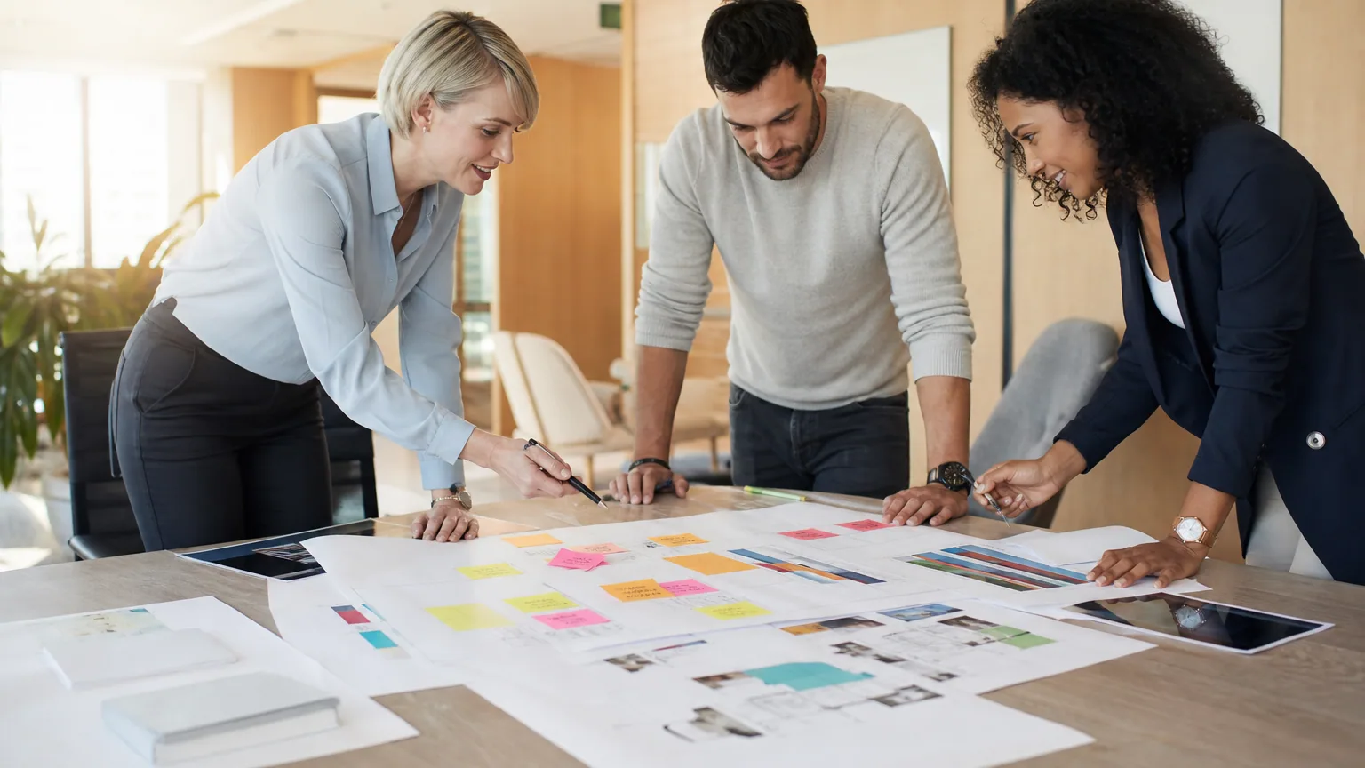 Équipe en réunion analysant la capacité de production autour de graphiques papier.