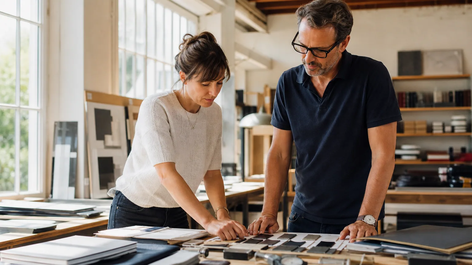 Entrepreneur et responsable qualité analysant des échantillons et des outils de contrôle dans un atelier.