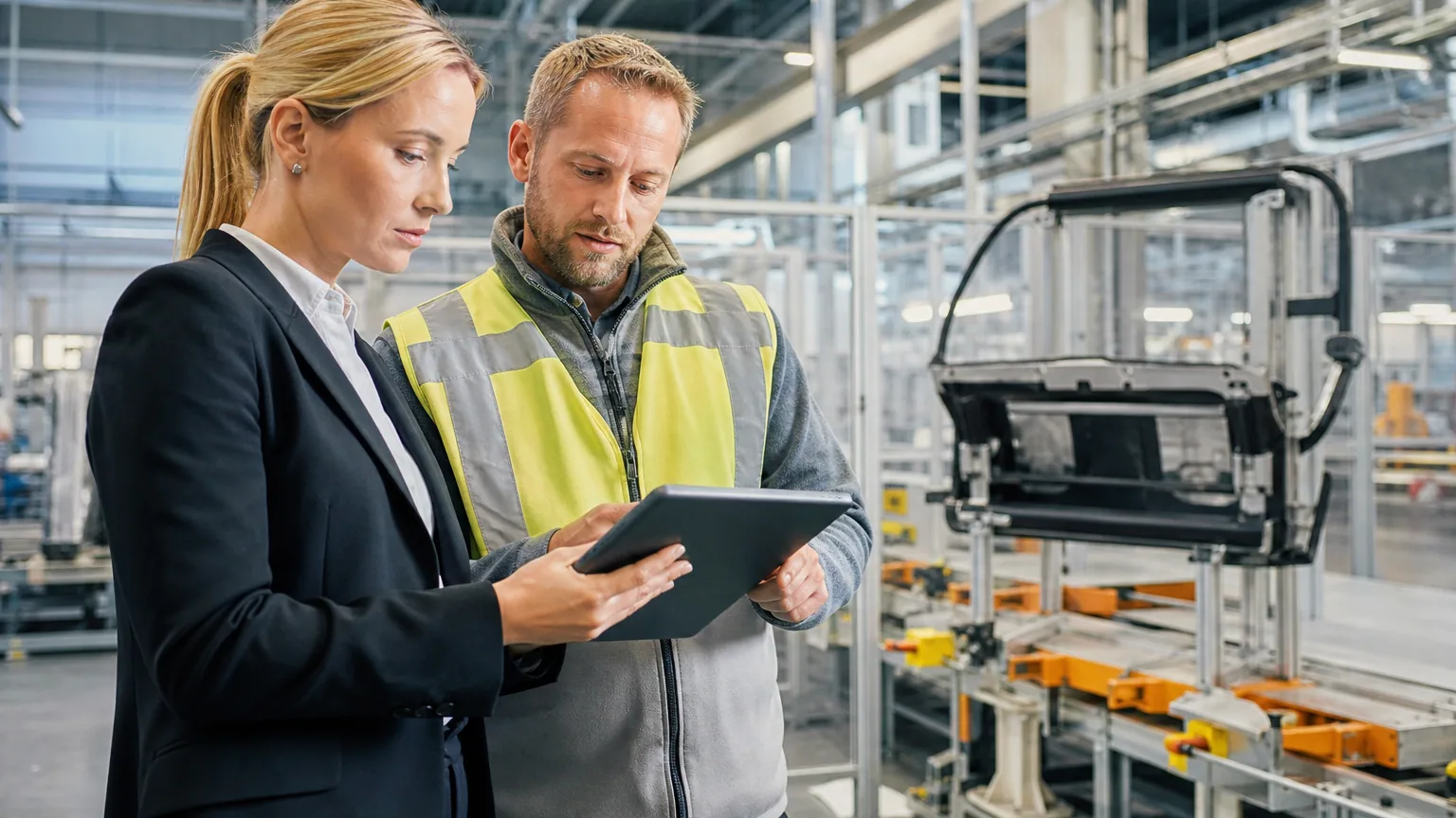 Cheffe de production et technicien consultant une tablette dans une usine moderne.