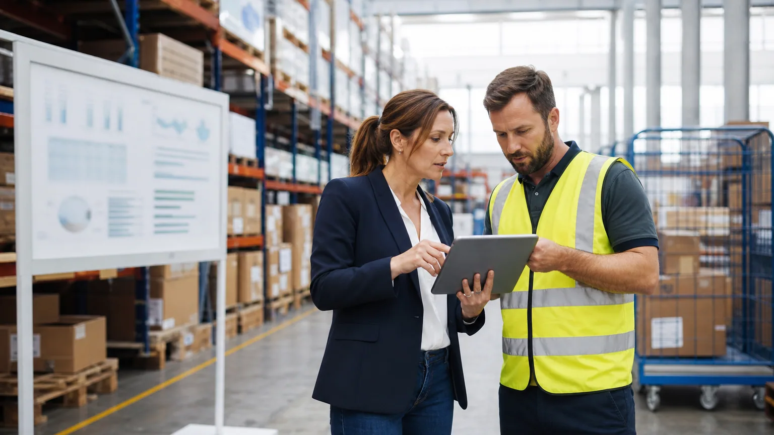Entrepreneuse et responsable logistique analysant la performance d’un entrepôt moderne.