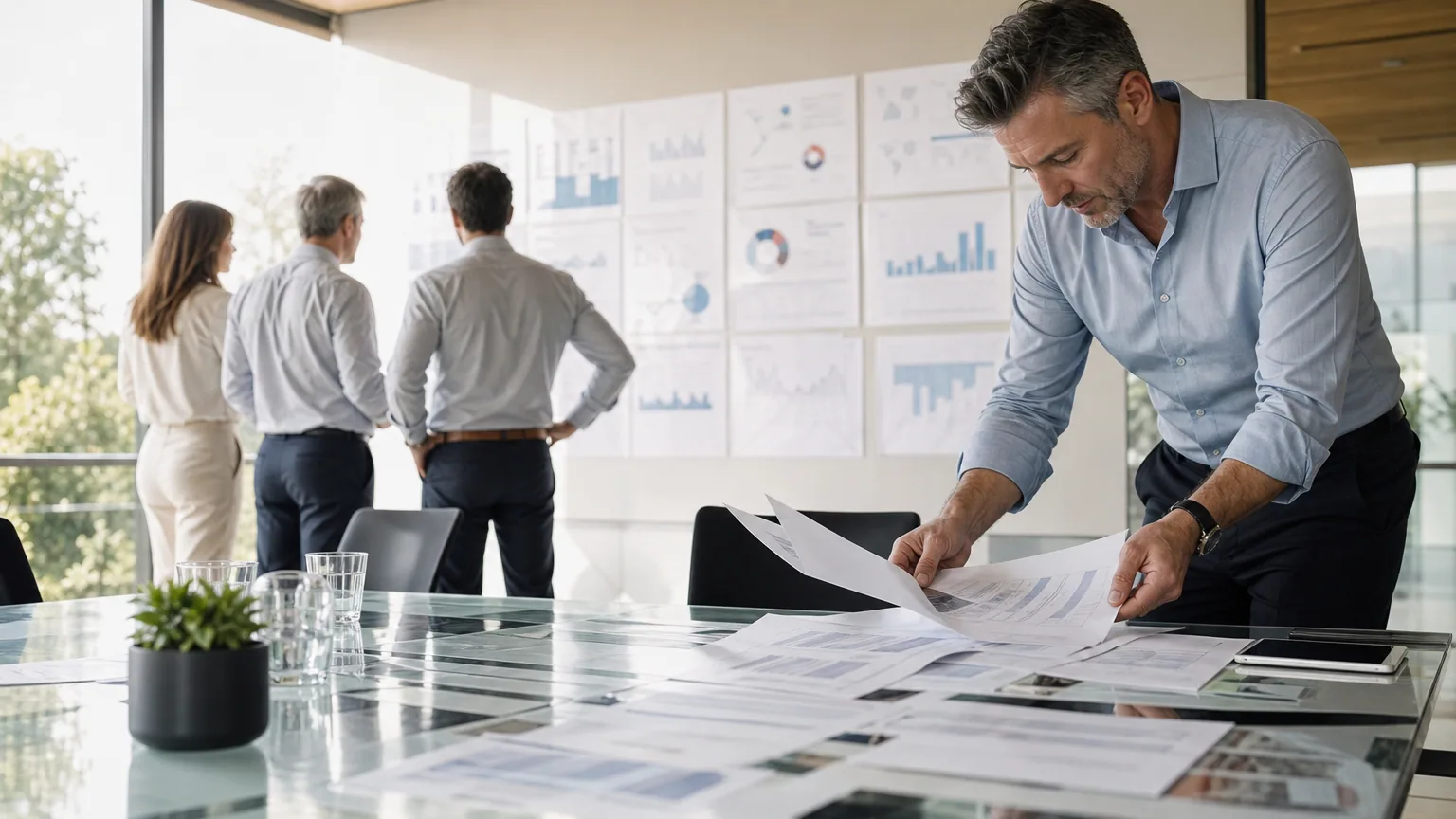 Équipe de direction analysant des risques d’entreprise en réunion.