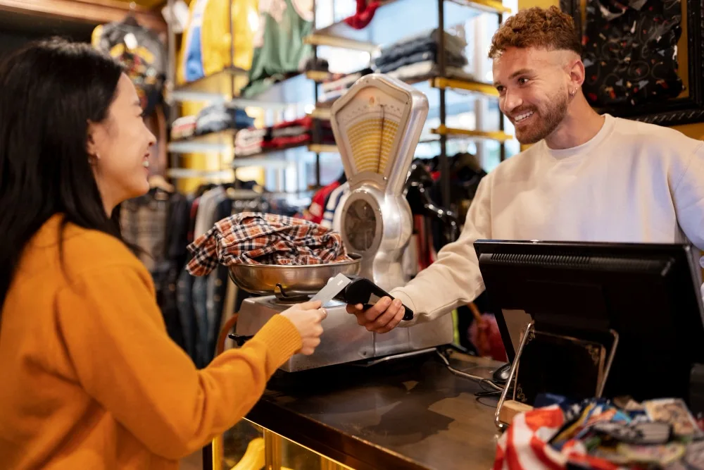 Commerçant utilisant une caisse enregistreuse tactile dans une boutique avec terminal de paiement et écran de gestion