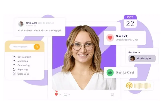 Capture d’écran d’une réunion Zoom sur ordinateur avec une interface de communication interne type Workvivo affichée à l’arrière-plan