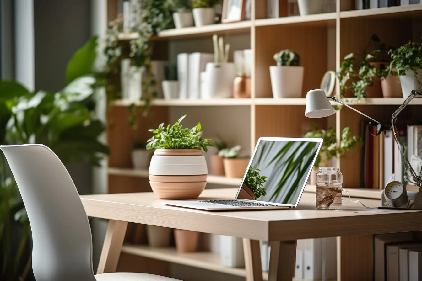 Bureau à domicile lumineux avec ordinateur portable, chaise ergonomique, lampe de bureau et étagères rangées près d’une fenêtre.