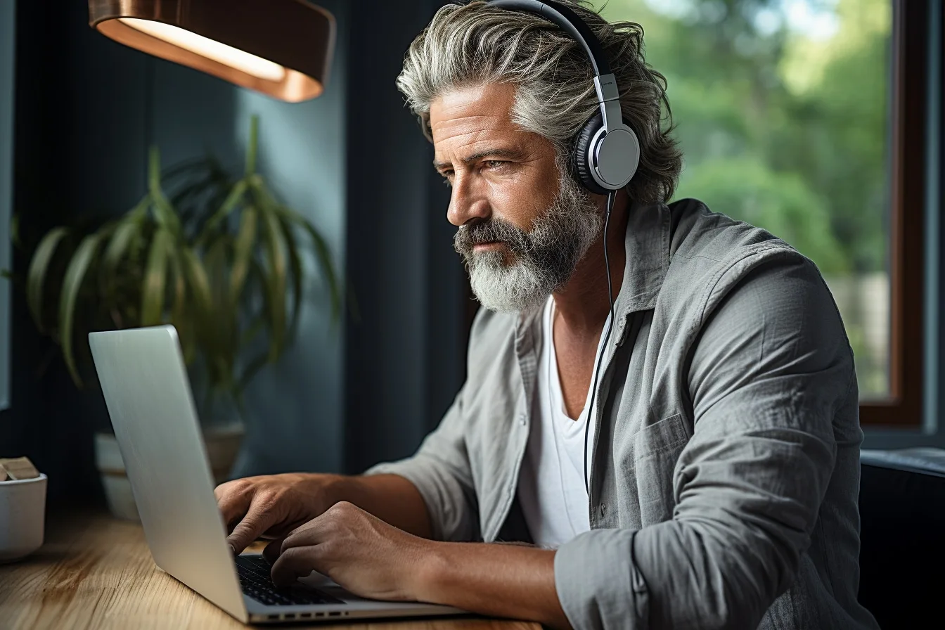 Entrepreneur consultant devant un ordinateur, consultant son profil LinkedIn et son réseau professionnel sur un écran