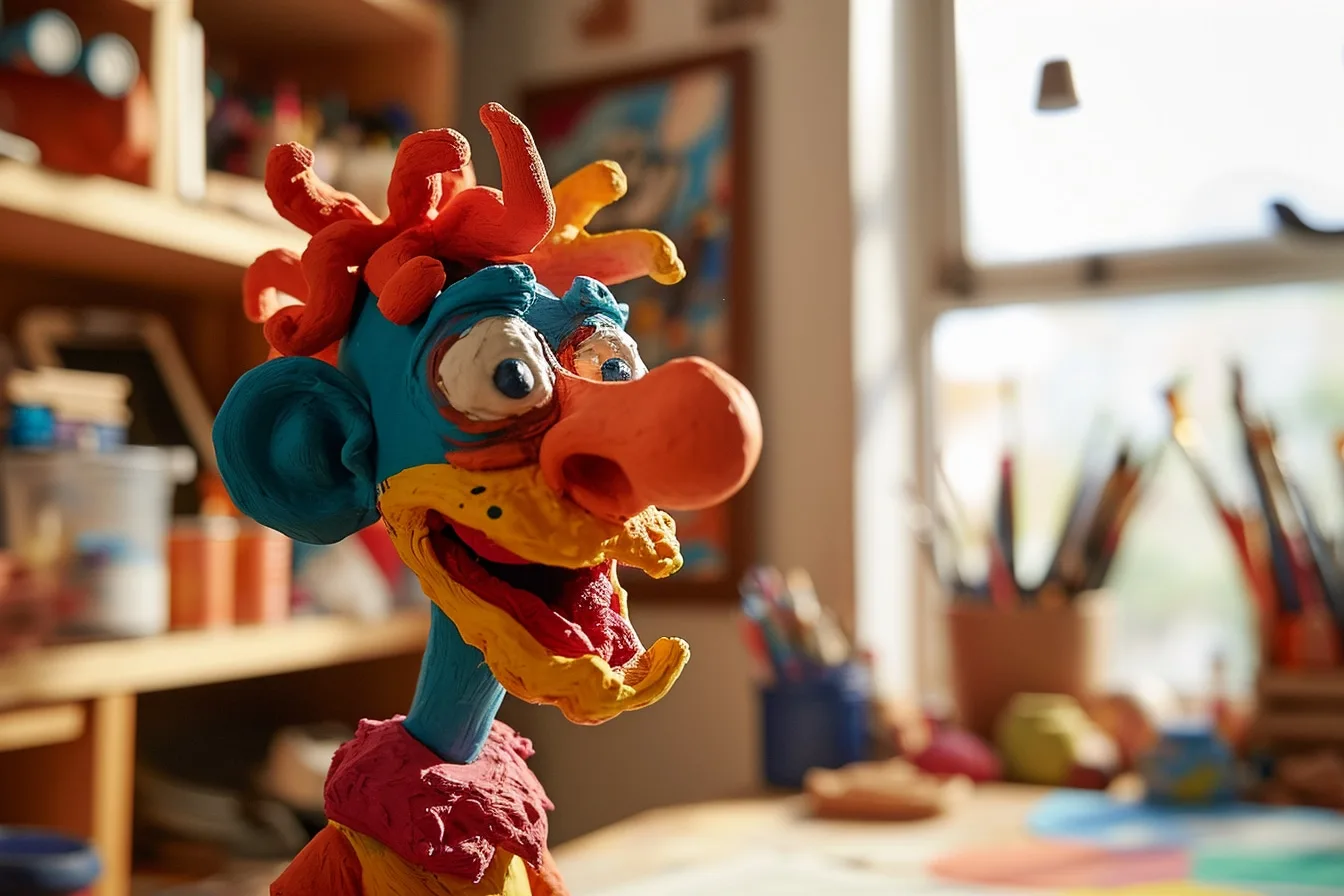 Un smartphone sur trépied filme une figurine en pâte à modeler dans un petit décor en carton éclairé par deux lampes.