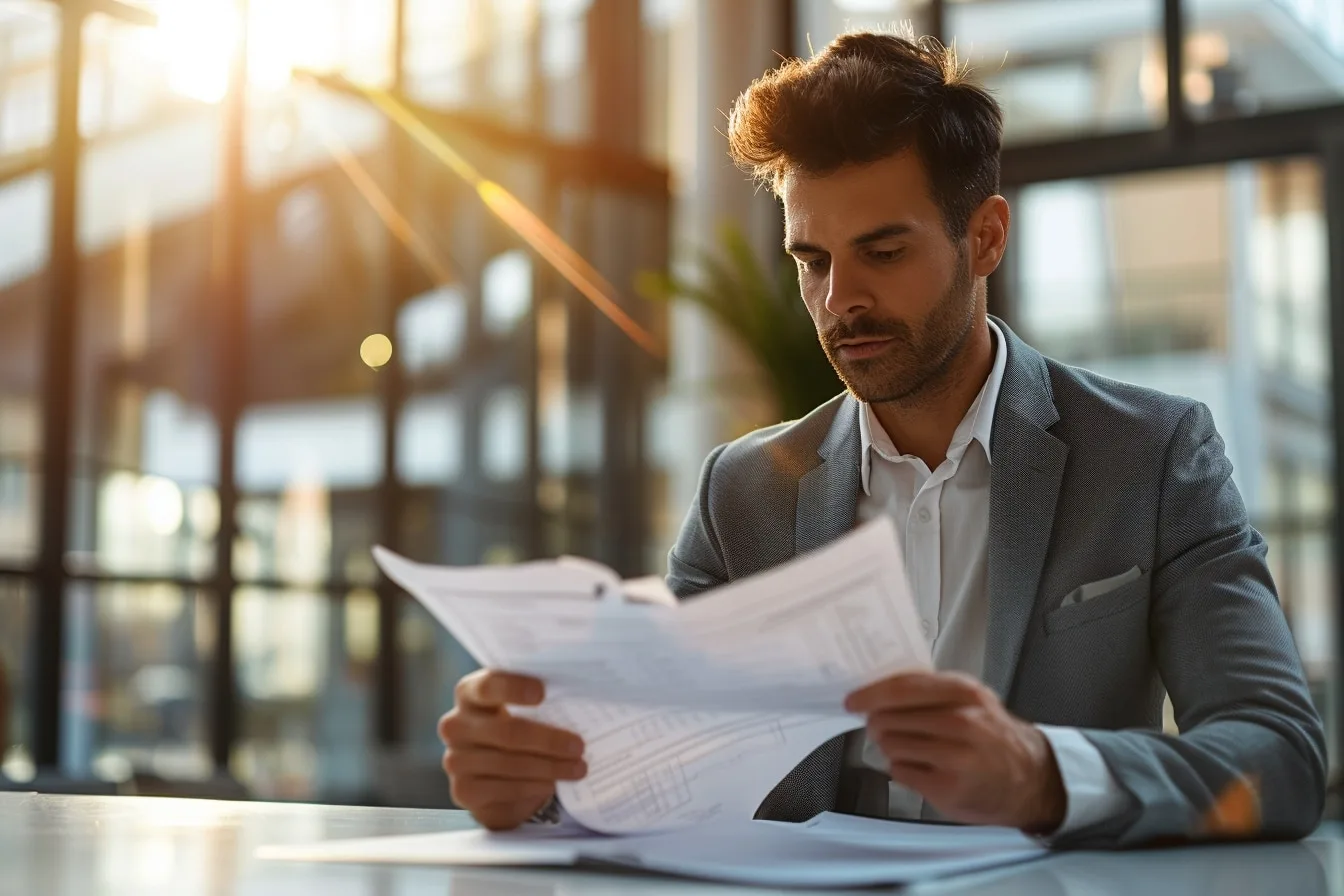Un entrepreneur examine un dossier de franchise avec un conseiller avant de signer un contrat