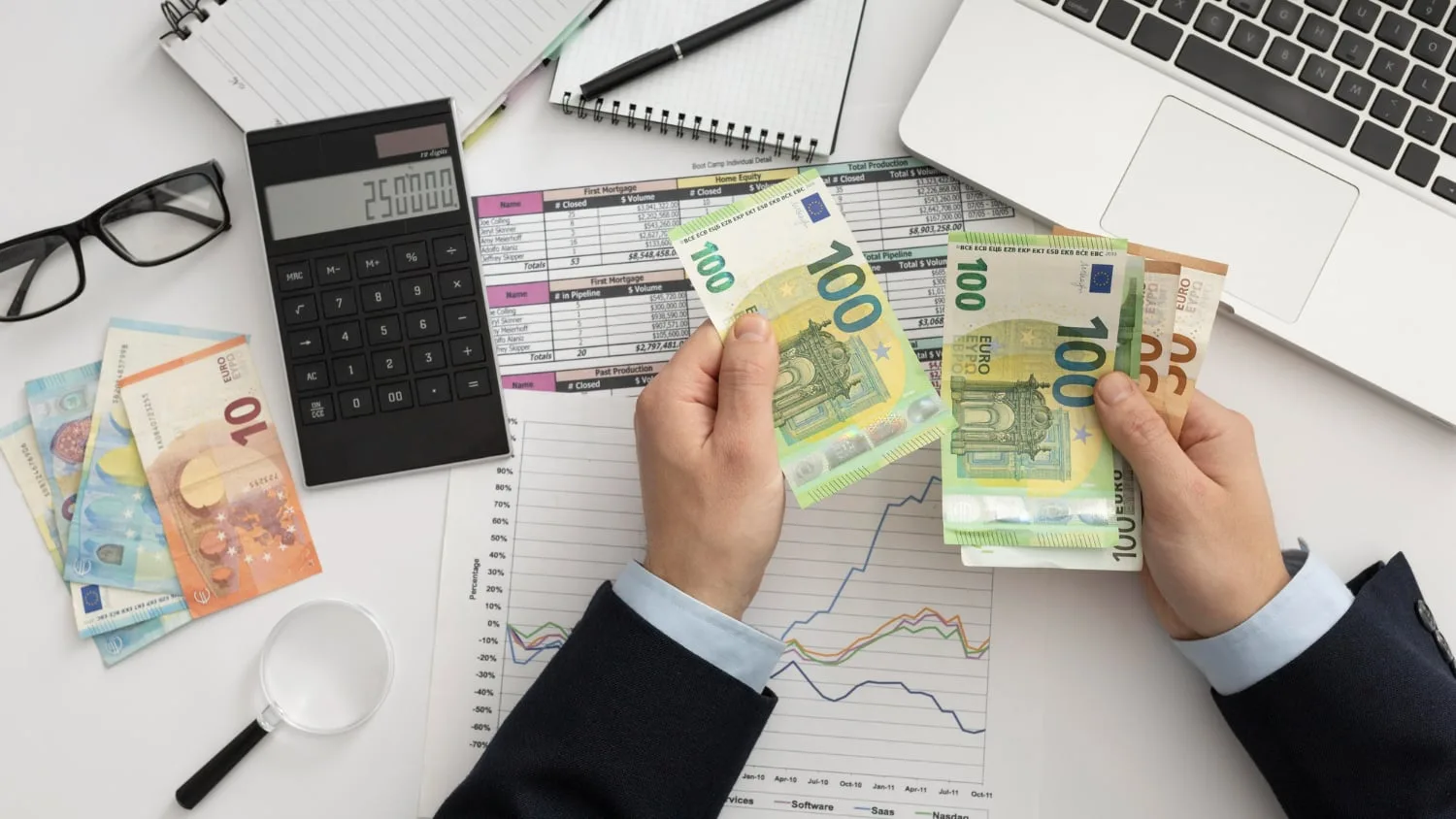 Chef d’entreprise consultant les comptes annuels de son EURL avec une calculatrice et des documents comptables